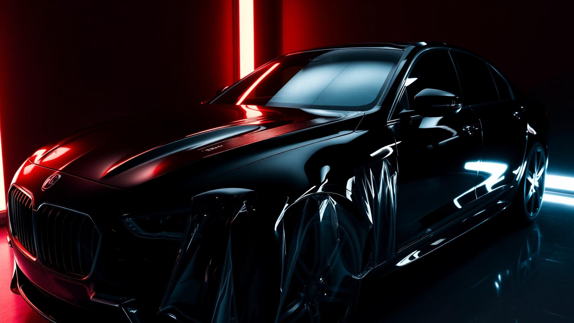 Luxury black car receiving paint protection film treatment